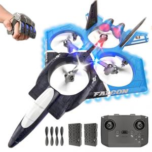 BEZGAR RC Airplane, 2.4GHZ Remote Control Airplane, Gesture Remote Control Plane, 360° Flip Fighter Jet Toy, Toys for Ages 8+ with Colorful LED Navigation Lights Blue