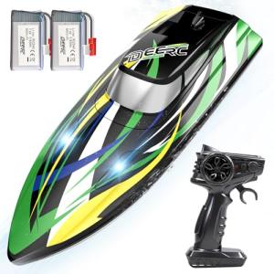 DEERC High Speed RC Boat with LED Lights, 30KM/H Fast Remote Control Racing Boat, Self-Righting, 2 Batteries, 24+ Mins, 2.4GHz Pool & Lake Toys for Kids & Adults