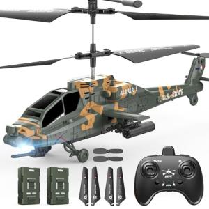 DEERC RC Helicopter for Adults, Apache Remote Control Helicopter for Kids 8-12, Toy Helicopters RC with LED Lights, 2 Batteries, Altitude Hold, 2.4GHz Military Style for Indoor, Ideal for Birthday