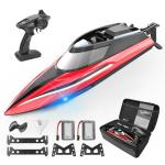 BEZGAR RC Boat, 14 inch Remote Control Boat - Self-righting, 40 Min Dual-Battery, 32 KPH Fast RC Boats for Kids & Adults with LED Lights for Pool, Lake, Ocean, Waterproof & Suitcase - Red