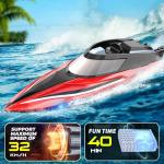 BEZGAR RC Boat, 14 inch Remote Control Boat - Self-righting, 40 Min Dual-Battery, 32 KPH Fast RC Boats for Kids & Adults with LED Lights for Pool, Lake, Ocean, Waterproof & Suitcase - Red