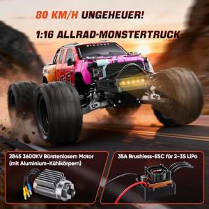 1/16 50MPH Brushless 4WD RC Truck,Upgradeable All-Terrain Remote Control Cars with 3S Battery,Waterproof Fast Off-Road RC Truggy for Adults,Suitable as Gift for Snow/Sand Adventures-Gradient Red