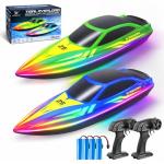 Cirmine RC Boat 2 Pack Remote Control Boats with 7-Mode Colorful LED Lights, 10 Inch RC Boats, 15KM/H High Speed, 2.4GHz Remote, 3 Speed Modes, 4 Batteries, for Kids & Adults, Pool & Lake Racing