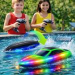 Cirmine RC Boat 2 Pack Remote Control Boats with 7-Mode Colorful LED Lights, 10 Inch RC Boats, 15KM/H High Speed, 2.4GHz Remote, 3 Speed Modes, 4 Batteries, for Kids & Adults, Pool & Lake Racing