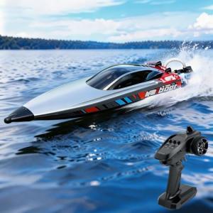 Ssccgym 22.8" Inches UDI018 Large RC Speed Boat 2.4G 4WD 40-45km/h Remote Control Brushless Watercraft for 14y+ Hobby Adults (Grey 1-Batteries)