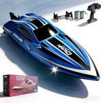 RC Boat for Kids with LED Lights, 35 KPH Remote Control Boat, 2.4Ghz Electric Fast Speed Boat for Adults, 30+ Mins, Self-righting, Demo, Pool Toys for Kids, Radio Controlled Watercraft, Blue, 16inch