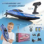 RC Boat for Kids with LED Lights, 35 KPH Remote Control Boat, 2.4Ghz Electric Fast Speed Boat for Adults, 30+ Mins, Self-righting, Demo, Pool Toys for Kids, Radio Controlled Watercraft, Blue, 16inch