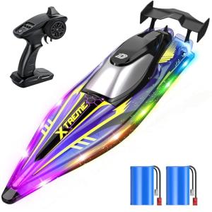 DEERC 17” Large High-Speed RC Jet Boat, Self-Righting Remote Control Boat with 9 LED Lights, 32+ KPH, 30-Min Runtime, Waterproof for Pools & Lakes, Kids & Adults