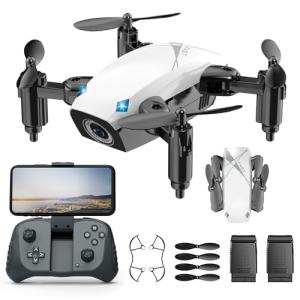Drones for Kids with Camera, Mini RC Quadcopter Toy with Foldable Wings, Voice & Gesture Control, Altitude Hold, Full Propeller Guard, 2 Batteries, Birthday Gifts for Boys and Girls Ages 8-14 (White)