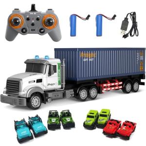 Mostop RC Semi Truck with Trailer - 23.6 Inch Large Remote Control Toy for Kids 3-8, 2 Rechargeable Batteries, 8 Mini Cars, LED Lights & Sound, 2.4GHz Semi-Trailer Truck Toys for Boys Girls