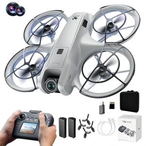 RC Drone with Screen Display Remote Control, Propeller Guard, Dual Camera, Speed Adjustment, Altitude Hold, One-Key Takeoff, 3D Flips, 2 Batteries, Helicopter Airplane, Hovering, Brushless Motor, APP Control, LED Lights, for Adult Beginners FPV Quadcopter Plane Copter, Drones for Kids 8-12 (Gray-White)