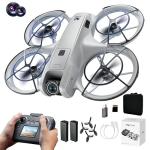 RC Drone with Screen Display Remote Control, Propeller Guard, Dual Camera, Speed Adjustment, Altitude Hold, One-Key Takeoff, 3D Flips, 2 Batteries, Helicopter Airplane, Hovering, Brushless Motor, APP Control, LED Lights, for Adult Beginners FPV Quadcopter Plane Copter, Drones for Kids 8-12 (Gray-White)