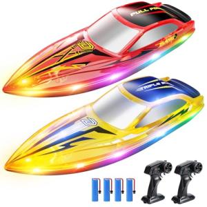 DEERC 2-Pack RC Boats for Kids, Fast Remote Control Boat with 4×1200mAh Batteries, 120 Min Runtime, 7 LED Lights Mode, Capsize Recovery, 2.4GHz Racing, Pool & Lake Toy