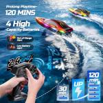 DEERC 2-Pack RC Boats for Kids, Fast Remote Control Boat with 4×1200mAh Batteries, 120 Min Runtime, 7 LED Lights Mode, Capsize Recovery, 2.4GHz Racing, Pool & Lake Toy