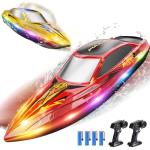 DEERC 2-Pack RC Boats for Kids, Fast Remote Control Boat with 4×1200mAh Batteries, 120 Min Runtime, 7 LED Lights Mode, Capsize Recovery, 2.4GHz Racing, Pool & Lake Toy