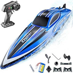 BEZGAR RC Boat, 16 inch Big Remote Control Boat for Adults and Kids and, 35 KPH Large Fast RC Speed Boat with 1500mAh Battery, Ideal Waterproof Toy Boats for Lakes - HJ818 Blue