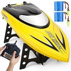 Zyerch RC Boat - Remote Control Boat for Pools and Lakes, 25 km/h Fast RC Boats for Adults and Kids, 2.4Ghz Self-Righting Racing Boats with 2 Rechargeable Battery, Low Battery Alarm, Yellow