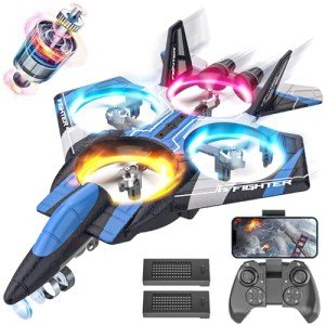 BEZGAR Brushless Drones for Kids | 2.4GHZ RC Plane with Camera, 6-axis Gyro Remote Control Airplane, 360° Flip Fighter Jet Toy, Toys for ages 8-13 with Colorful LED Navigation Lights Blue