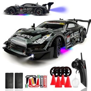 HTURCCOP 1:16 RC Drift Car 2.4GHz Spray 4WD LED Lights 30+KM/H High Speed Remote Control Car 2 Batteries 60Min Infinitely Variable Speed Drift Car Toys for Adults and Kids (Black 1:16)