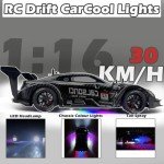 HTURCCOP 1:16 RC Drift Car 2.4GHz Spray 4WD LED Lights 30+KM/H High Speed Remote Control Car 2 Batteries 60Min Infinitely Variable Speed Drift Car Toys for Adults and Kids (Black 1:16)