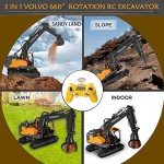 DOUBLE E Volvo RC Excavator 17 Channel 3 in 1 Construction Toys, 17 Channel Remote Control Vehicles Tractor Sandbox Toys Digger with Metal Shovel Drill Grab RC Truck for Kids Adults