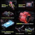 DEERC 1:14 Brushless RC Car for Adults, 43MPH 4WD Off-Road RC Truck with 7-Color LED Lights, Metal Oil Shocks, 2×7.4V High-Capacity Batteries, All-Metal Drivetrain, 3 Light Modes, 3S LiPo Compatible