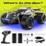 DEERC 1:14 Brushless RC Car for Adults, 43MPH 4WD Off-Road RC Truck with 7-Color LED Lights, Metal Oil Shocks, 2×7.4V High-Capacity Batteries, All-Metal Drivetrain, 3 Light Modes, 3S LiPo Compatible