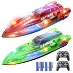 DEERC 2 Pack 13 inch Remote Control Boat for Kids, 4 Batteries, 2.4Ghz RC Racing Boat with LED Lights for Pools and Lakes, Summer Water Toy Gift for Boys 8-12