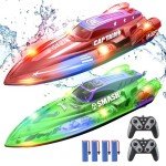 DEERC 2 Pack 13 inch Remote Control Boat for Kids, 4 Batteries, 2.4Ghz RC Racing Boat with LED Lights for Pools and Lakes, Summer Water Toy Gift for Boys 8-12