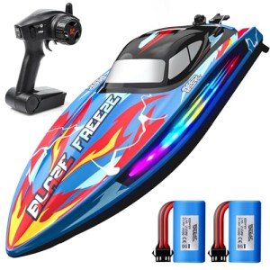 DEERC Fast RC Boat for Pool & Lake with LED Light, 20+MPH, 40+ Mins, Self Righting Remote Control Racing Speed Boat for Kids, 2.4Ghz Summer Water Toy Gift