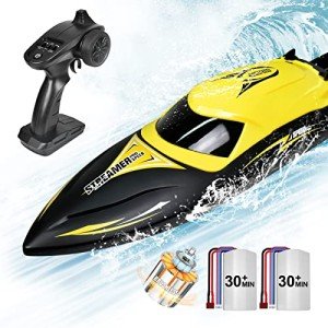 Hosim Brushless RC Boat - Fast Remote Control 2.4GHz Racing Boat With LED Lights for Seas, Pools & Lakes - Speed Toy for Adults, Boys & Girls - 2 Batteries for 40+Min Play (Yellow)