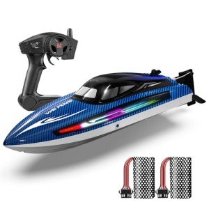 RC Boats for Adults, Remote Control Boat for Pools and Lakes, WeFone WF17 25+ KMH Fast RC Speed Boat with 7 LED Lights Modes for Kids 8-12, Summer Toys for Boys Girls, 2 Batteries for 30-40 Mins, Blue