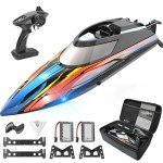 BEZGAR RC Boat, 14 inch Remote Control Boat - Self-righting, 40 Min Dual-Battery, 32 KPH Fast RC Boats for Kids & Adults with LED Lights for Pool, Lake, Ocean, Waterproof & Suitcase