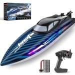 30KMH RC Remote Control Boat with 7 LED Light Modes Waterproof Electric Fast Speed Boat for Adults Kids 8-12 Lake Pool Water Play,Self-righting,Demo,Water Cooling,20Mins,Low Battery Alert,2.4Ghz,Blue