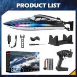 30KMH RC Remote Control Boat with 7 LED Light Modes Waterproof Electric Fast Speed Boat for Adults Kids 8-12 Lake Pool Water Play,Self-righting,Demo,Water Cooling,20Mins,Low Battery Alert,2.4Ghz,Blue