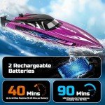 WeFone Remote Control Boat for Adults, 25+ KMH Fast RC Speed Boat with LED Light for Kids, Self-righting, Demo, WF17 Ideal Pools and Lakes Toys, 2 Rechargeable Batteries for 30-40 Mins, Purple