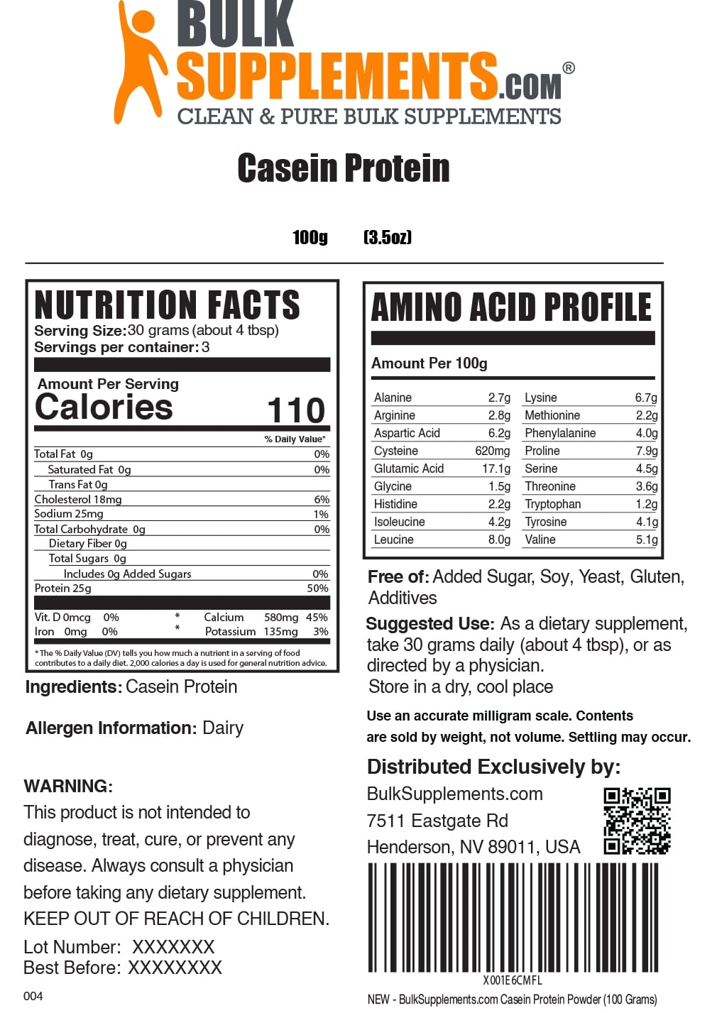 BulkSupplements Casein Protein for Muscle Recovery (100g)