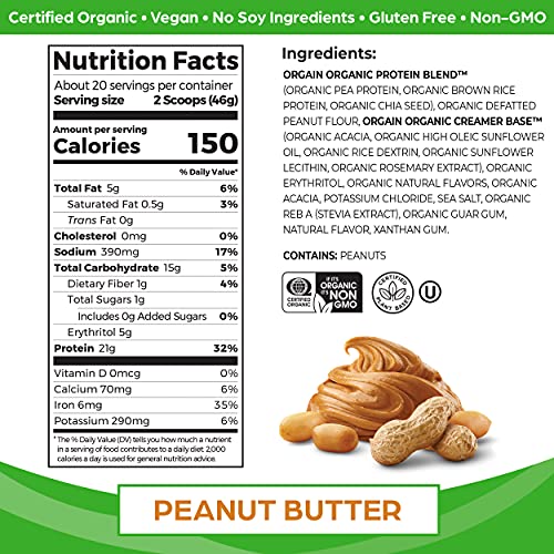 Orgain Vegan Peanut Butter Protein Powder, 21g Protein