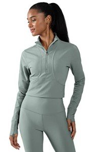 Chinois Green Ribbed Half Zip Crop Jacket - XS