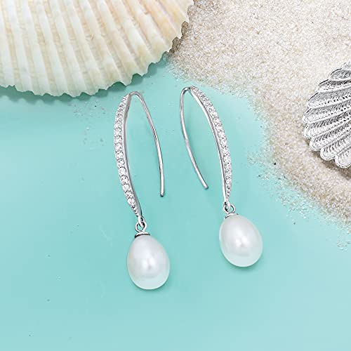 Sterling Silver CZ Drop Earrings with Pearl