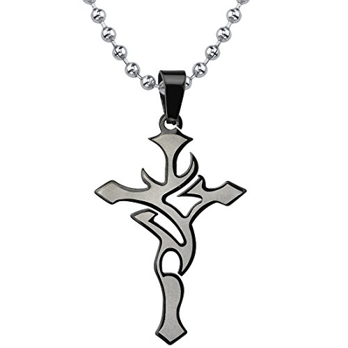Men's Tribal Cross Pendant with Black Enamel, Two-Tone