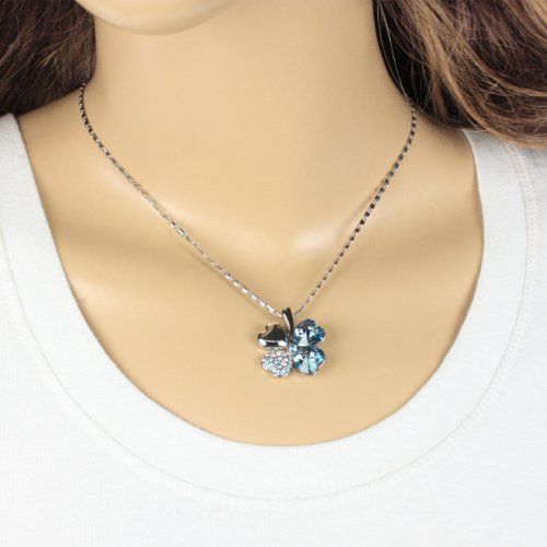 Dahlia Swarovski Crystal Clover Necklace, Rhodium Plated Blue