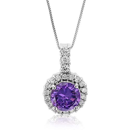Purple CZ Solitaire Pendant Necklace in Sterling Silver