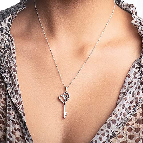 Heart Key Necklace Pendant with Natural White Diamonds