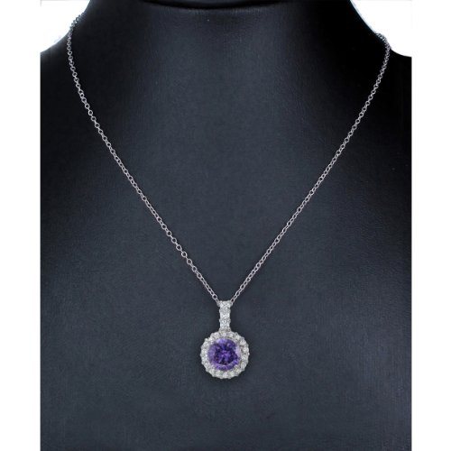 Purple CZ Solitaire Pendant Necklace in Sterling Silver