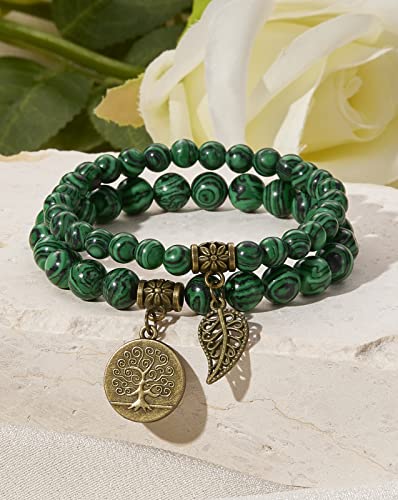 Malachite Beaded Bracelet with Tree Leaf Charm