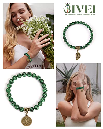 Malachite Beaded Bracelet with Tree Leaf Charm