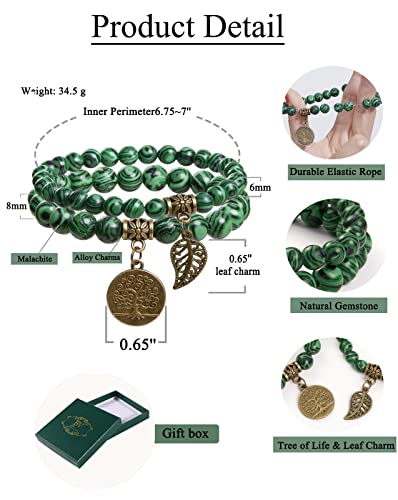 Malachite Beaded Bracelet with Tree Leaf Charm