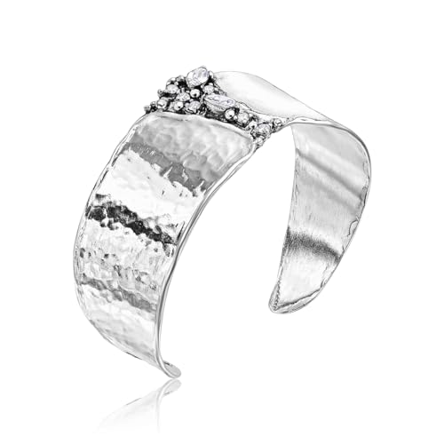 925 Sterling Silver Cuff Bracelet With 2.60 TCW White Facet Cubic Zirconia, Statement Jewelry, Hypoallergenic, Nickel and Lead-free, Artisan Handcrafted Designer collection, Made In Israel