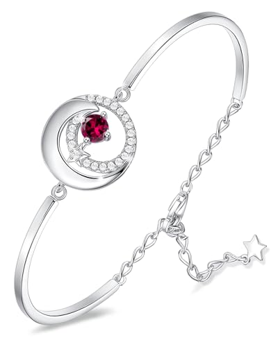 FANCIME Ruby July Birthstone Bracelets for Women Sterling Silver Moon and Star Bangle Red Gemstone Charm Bracelet Fine Jewelry Birthday Christmas Gifts for Her, 6.7"+1.2" Extend